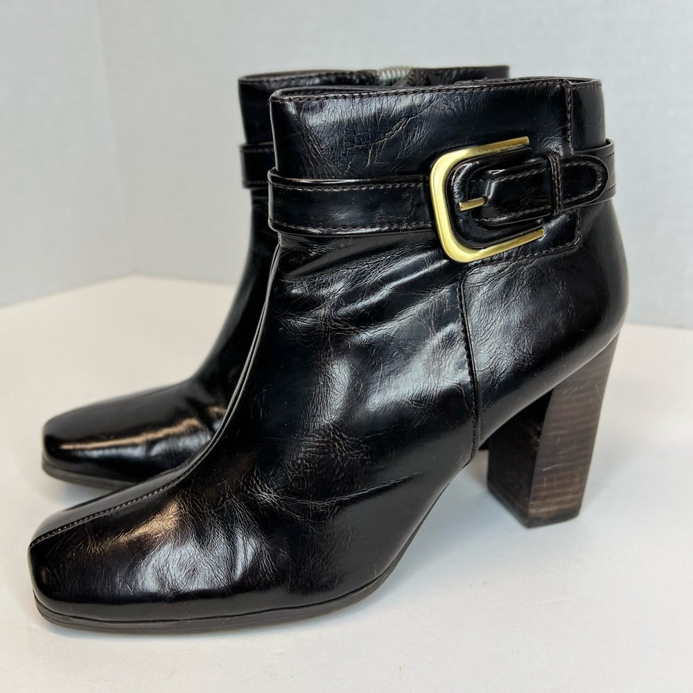 Franco Sarto Womens “Gemini” Side Zip Buckle Ankle Boots Black Leather 8.5M Nice